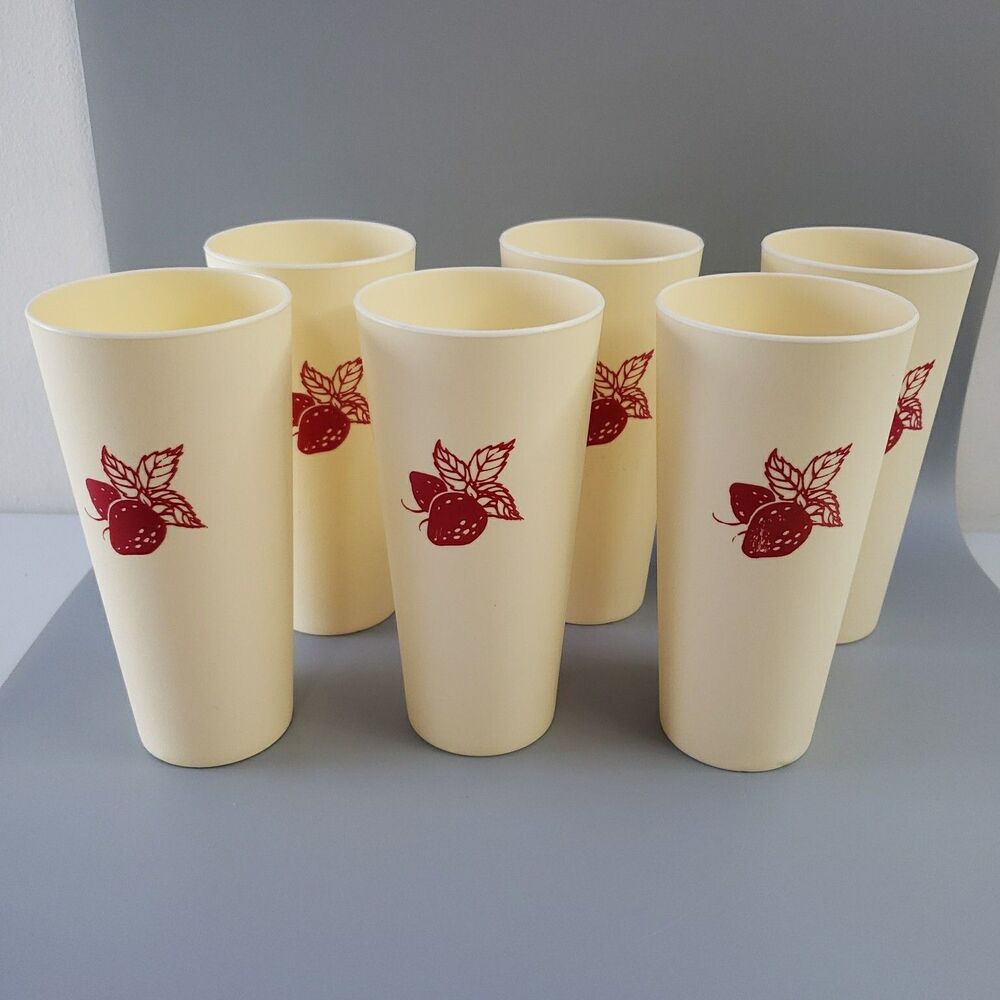 Vintage Strawberry Cups Plastic Tumblers Red Cream Set of 6 Retro Kitchen